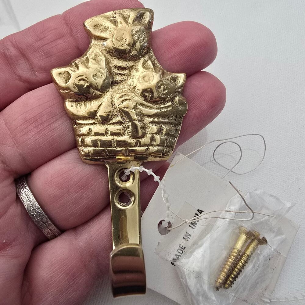 Brass Key or Stocking Hook Three (3) Kitties Kittens Kitty In a Basket ~4 Inches